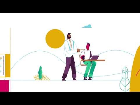 animated explainer video thumbnail - 2 office workers talking in minimalist landscape with basic colors from Slack logo