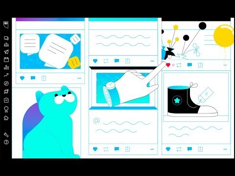 screenshot of an animated explainer video of Hootsuite with blue graphic drawings illustrating social media posts with images and text as seen on a social media management SaaS platform