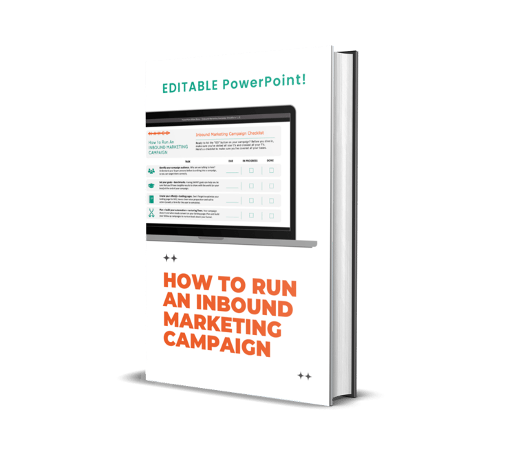 Book with title "How To Run An Inbound Marketing Campaign" and sub-header "Editable PowerPoint" and image of a laptop displaying a powerpoint checklist slide
