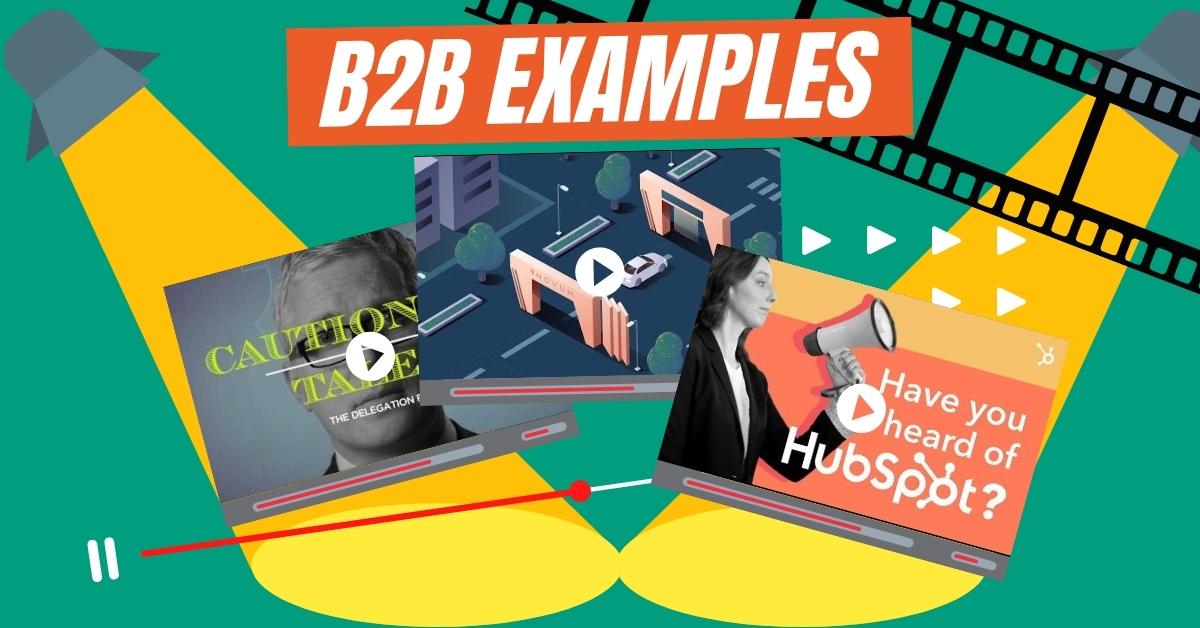 3 explainer video players graphic under spotlights with contrasted title B2B Examples with additional decorative video theme elements