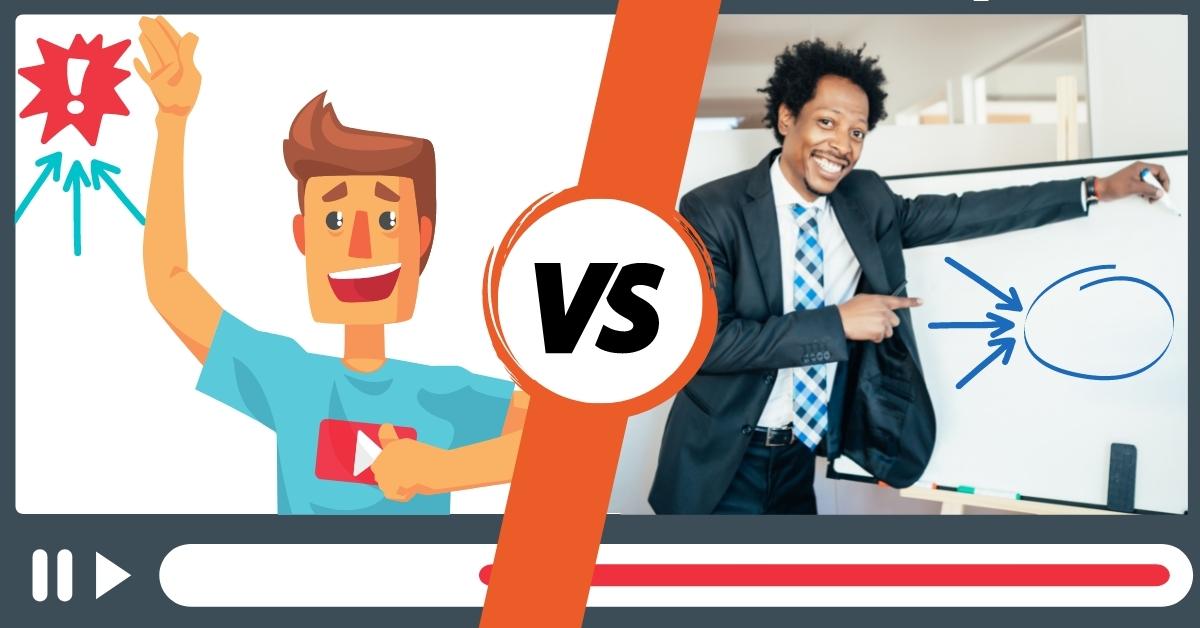 Split image with a large VS in between the graphic illustration of a video blogger on one side and the photo of a business man with a white board talking to the camera