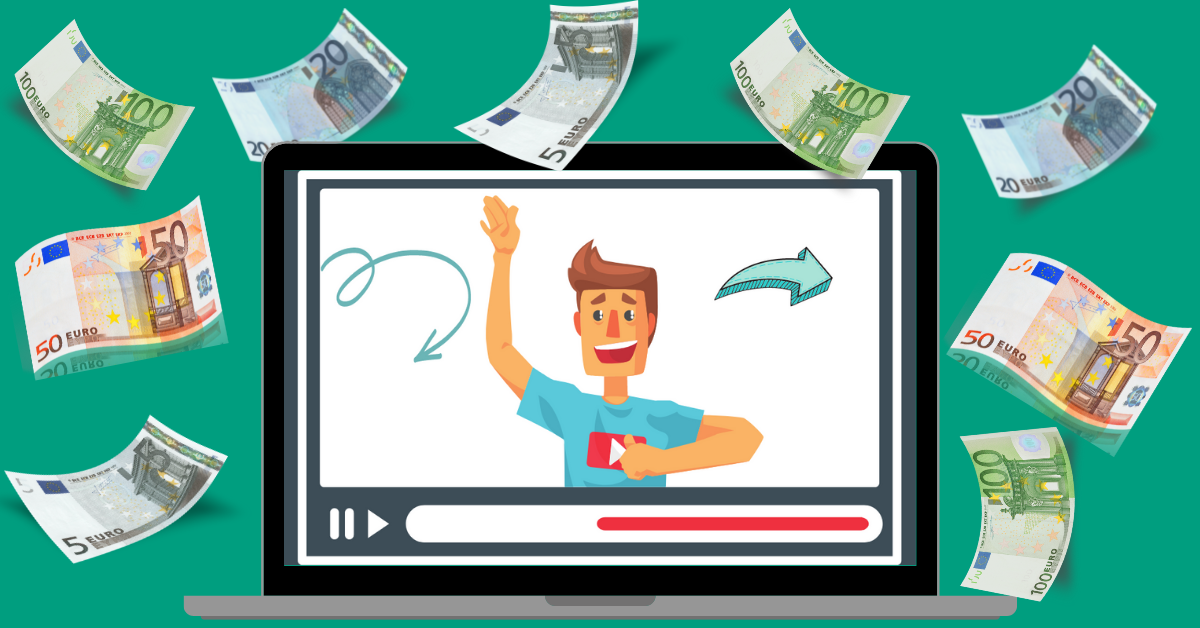 Man speaking on explainer video playing on laptop with euros money banknotes flying away around the laptop